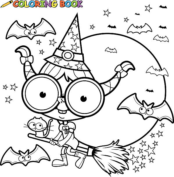 Coloring page Halloween witch flying with broom Vector black and white outline Illustration of a witch girl flying with her broom and her cat on Halloween night. Coloring book page. cartoon of a witch flying on broom stock illustrations