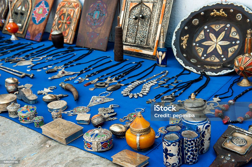 Crafts in Asilah Marketplace where there are some crafts for sale. Asilah, Morocco, North Africa Morocco Stock Photo