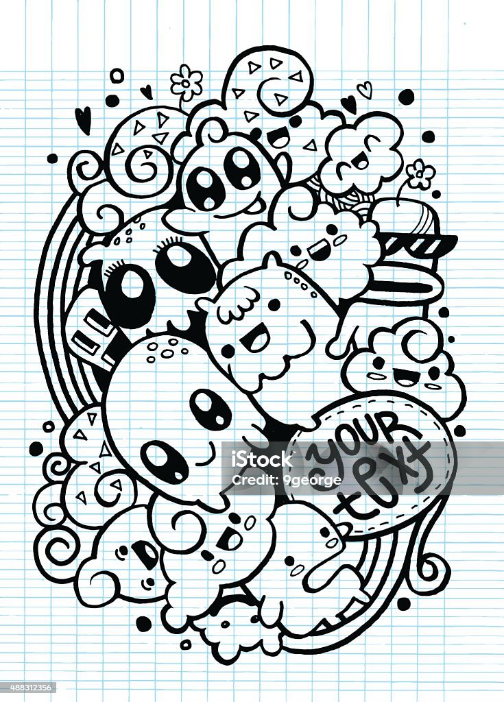 Group of happy doodle monster ,drawing style Group of happy doodle monster ,drawing style,Vector Illustration Design Elements on Lined Sketchbook Paper Background 2015 stock vector