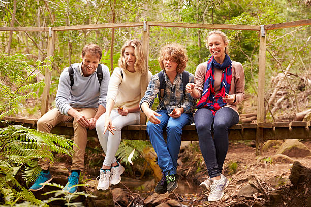 istock Parents and teens playing, sitting on a bridge in forest 488313002
