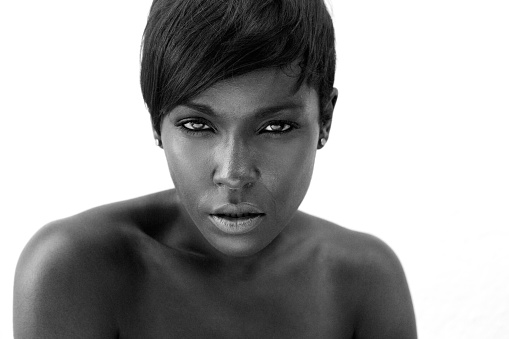 Close up black and white portrait of a sexy african american woman