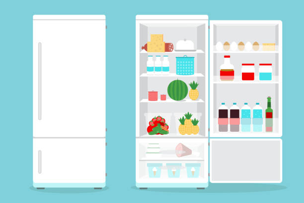 illustrazioni stock, clip art, cartoni animati e icone di tendenza di frigorifero aperto con food.fridge aperto e chiuso con cibi - frigorifero