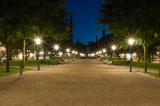 Illuminated Esplanadinpuisto Park in central Helsinki, capital of Finland. Statue of Johan Ludvig Runeberg (made by Walter Magnus Runeberg, 1885) on the background.