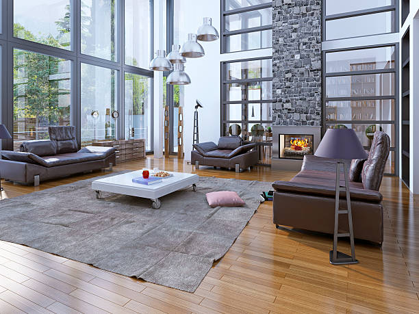 istock High ceilings living room with fireplace. 488320204