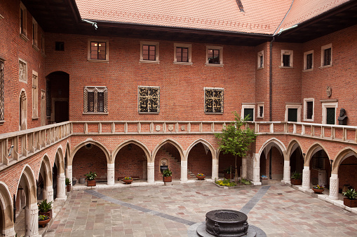 Ona, Spain - 5 August, 2020: Benedictine monastery of San Salvador de Oña in Burgos. Gothic cloister