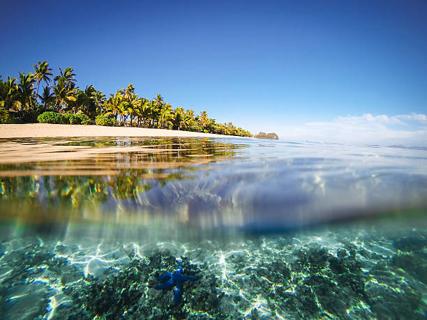 split scatto di isola tropicale - horizon over water horizontal surface level viewpoint foto e immagini stock