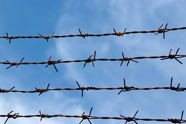 istock Barb wire fence and blue sky 488327231