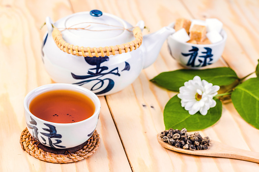 Chinese set of tea on wooden table