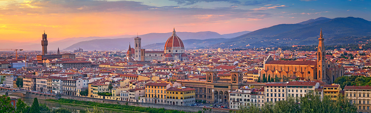 Panoramic image of Florence, Italy during beautiful sunset. This is composite of three horizontal images stitched together in photoshop.
