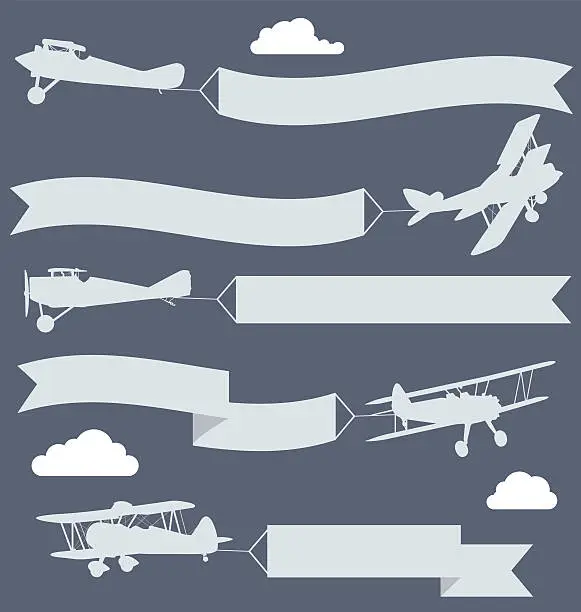 Vector illustration of Silhouettes of biplanes with wavy greetings banner
