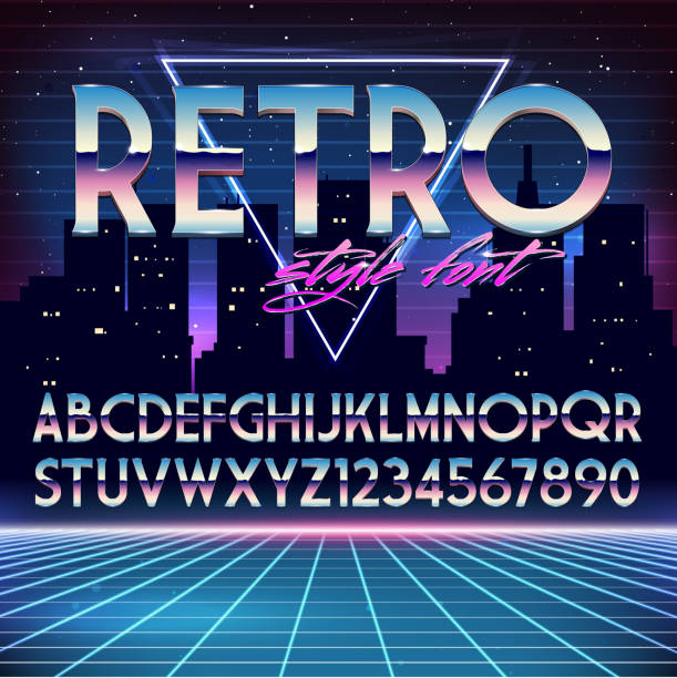 Shiny Chrome Alphabet in 80s Retro Futurism style. Vector font on cityscape background