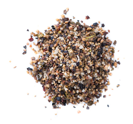Crushed Peppercorns with different spices and salt isolated on white background