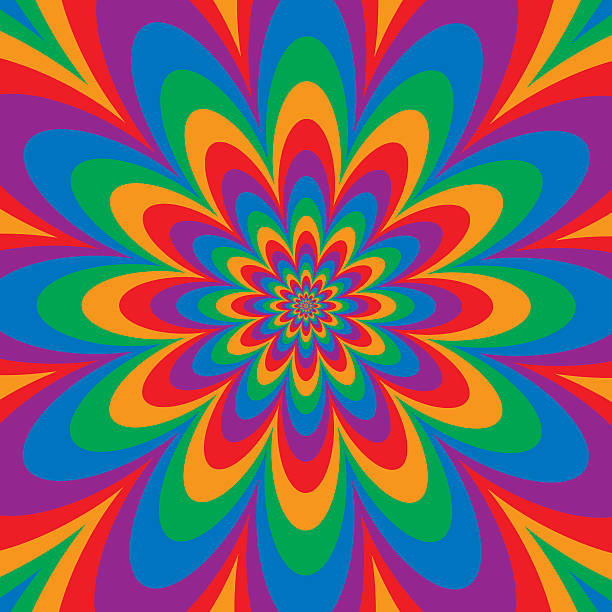 Infinite Flower Spectrum Infinite Flower optical illusion design in five colors.  Colors are grouped for easy editing. Zip folder includes AI8 .eps and 5100x5100px .jpeg.  op art stock illustrations