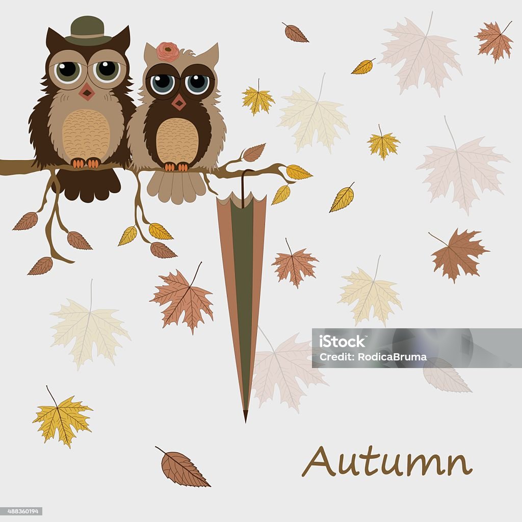 Pair of owls on branch in autumn 2015 stock vector