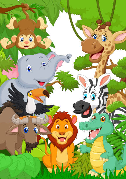wilde tier in den dschungel - tropical rainforest animal cartoon lion stock-grafiken, -clipart, -cartoons und -symbole