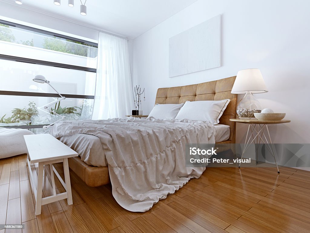 Modern bedroom with floor to ceiling windows Modern bedroom with floor to ceiling windows. Bright room with light wood laminate. a large bed and a snow-white Tulle. White bench beside the bed. 3D render 2015 Stock Photo