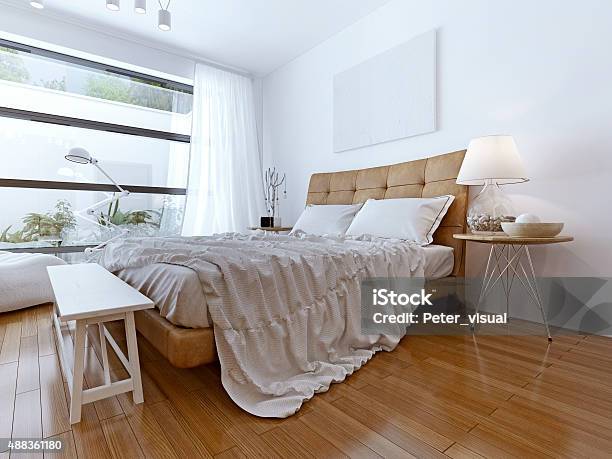 Modern Bedroom With Floor To Ceiling Windows Stock Photo - Download Image Now - 2015, Apartment, Armchair