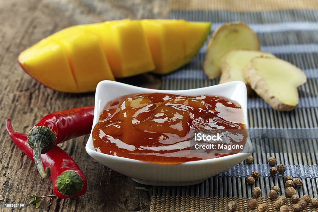 Bowl of Mango Chutney Bowl of Mango Chutney on old wooden table Chili Pepper Stock Photo