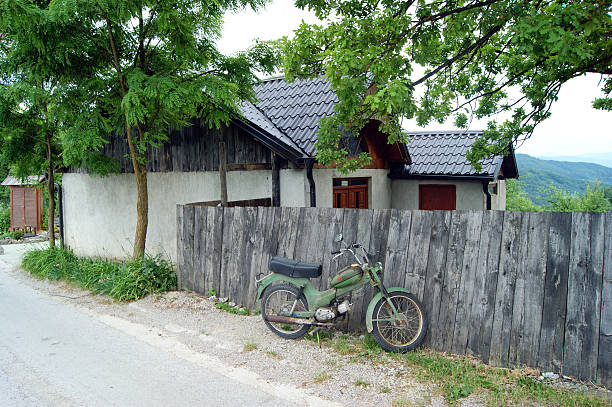 spring peaceful idyllic walking side pavement street tile foot path way palisade fence rustic flower bed blossom petals urban square landscaped beauty space vintage aesthetic