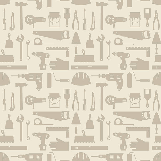 ilustrações de stock, clip art, desenhos animados e ícones de sem costura padrão com ícones de ferramentas de reparação de trabalho. - power tool saw electric saw circular saw