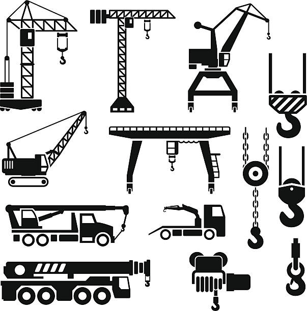 ilustrações, clipart, desenhos animados e ícones de conjunto de ícones de crane, elevadores e winches - crane tower crane construction silhouette