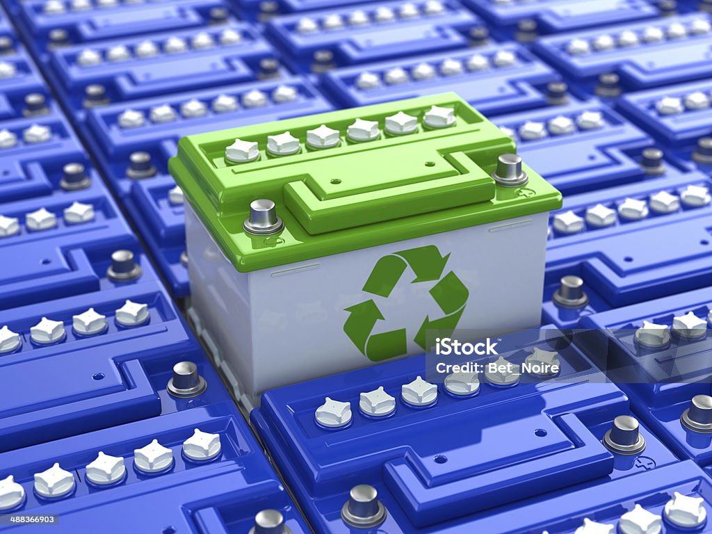 Car battery recycling. Green energy. Background from accumulator Car battery recycling. Green energy. Background from accumulators. 3d Recycling Stock Photo