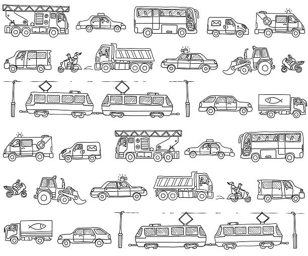 Vector seamless pattern with cars. Traffic. Vector seamless pattern with cars. Traffic. Doodle set. Vector. truck drawings stock illustrations