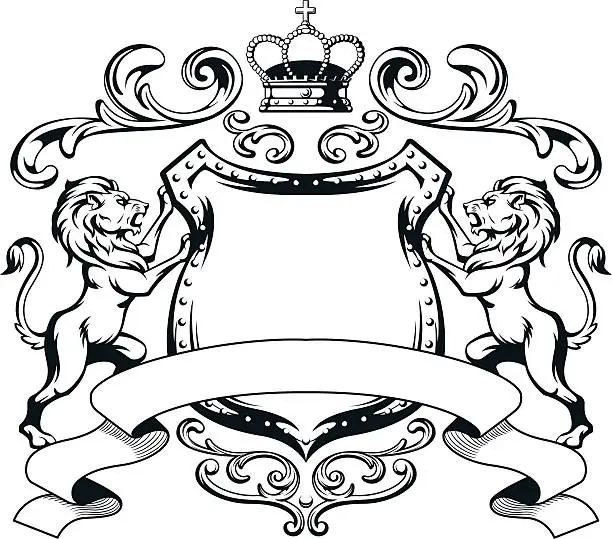 Vector illustration of Heraldic Lion Shield Crest Silhouette