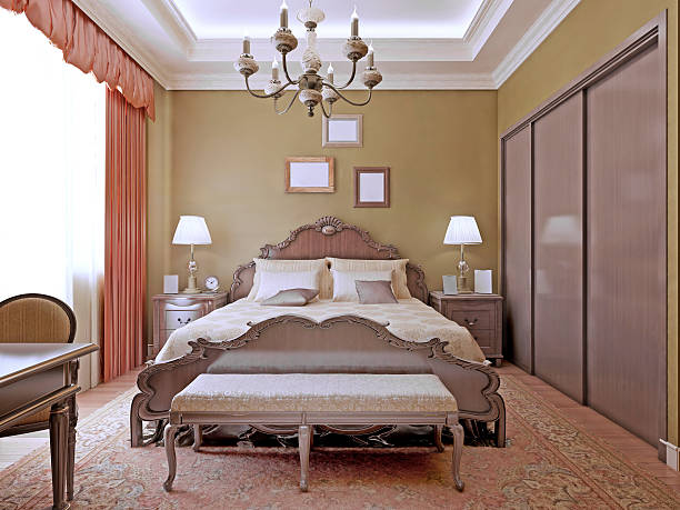 istock Art deco bedroom with ceiling neon lights 488377942