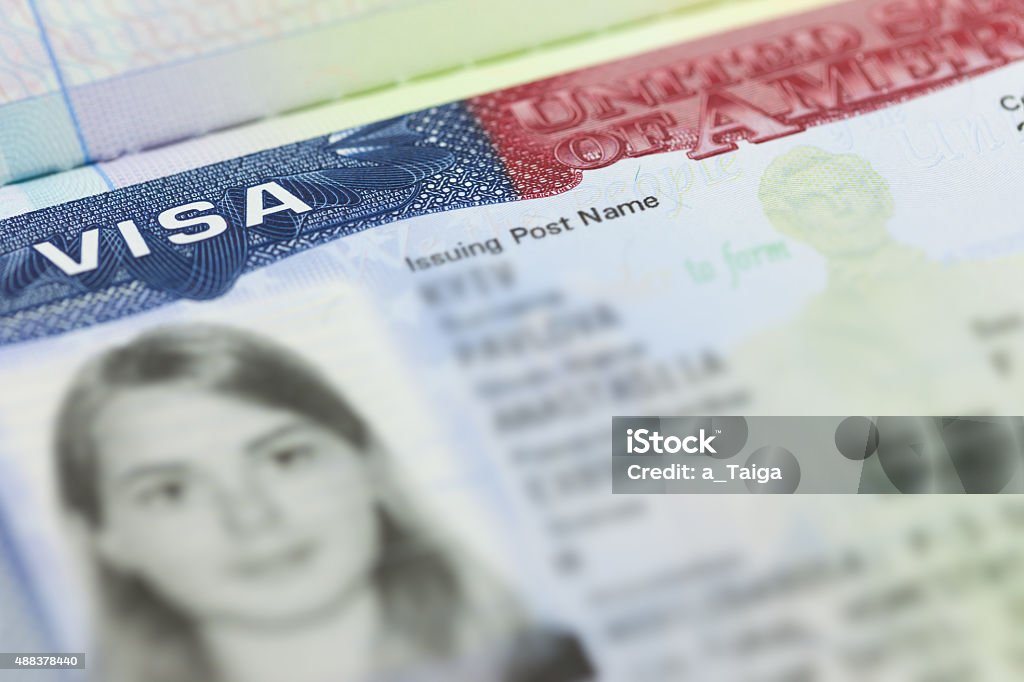 The American Visa in a passport page (USA) background The American Visa in a passport page (USA) background - selective focus Travel Stock Photo