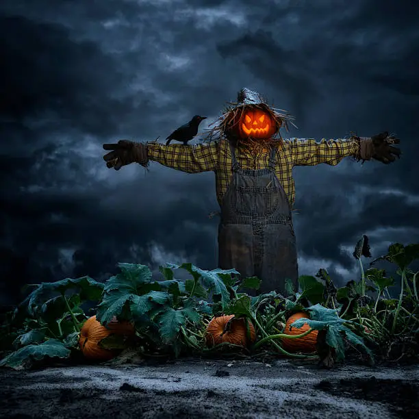 A smiling glowing scarecrow, wearing a yellow plaid shirt, demin overalls and a straw hat, standing in a pumpkin patch field at night with a dark gloomy sky in the background, as a black crow with a red eye sits on his arm.