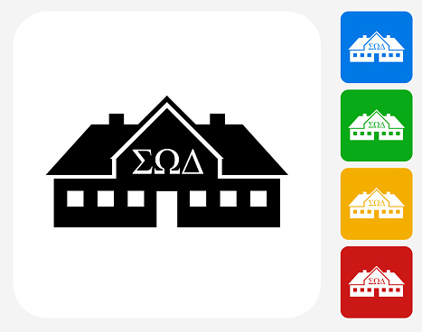 Frat House Icon. This 100% royalty free vector illustration features the main icon pictured in black inside a white square. The alternative color options in blue, green, yellow and red are on the right of the icon and are arranged in a vertical column.