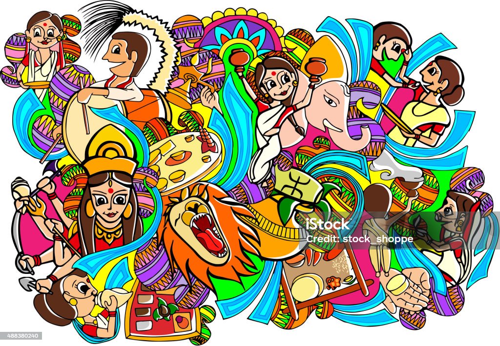 Happy Durga Puja Doodle Drawing Stock Illustration - Download Image Now -  Durga, Durga Puja Festival, Culture of India - iStock