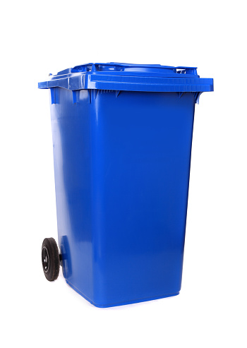 Single blue waste container isolated on white