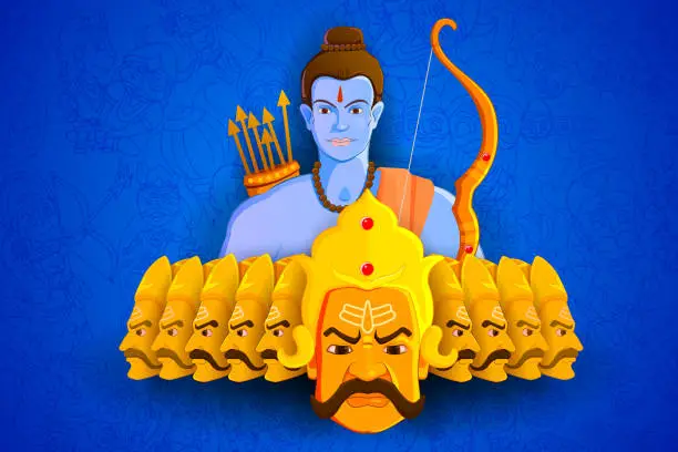 Vector illustration of Rama killing Ravana in Happy Dussehra
