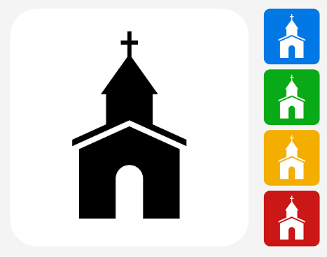 Church Icon. This 100% royalty free vector illustration features the main icon pictured in black inside a white square. The alternative color options in blue, green, yellow and red are on the right of the icon and are arranged in a vertical column.