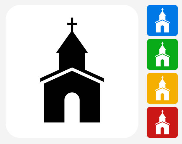 Church Icon Flat Graphic Design Church Icon. This 100% royalty free vector illustration features the main icon pictured in black inside a white square. The alternative color options in blue, green, yellow and red are on the right of the icon and are arranged in a vertical column. chapel illustrations stock illustrations