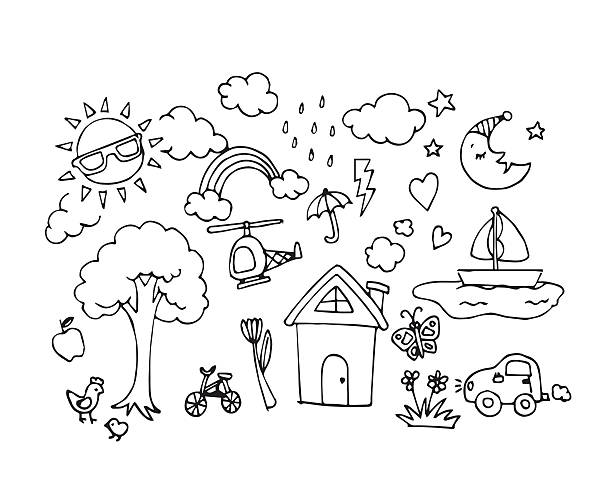 vektor hand gezeichnete skizze kritzeleien in baby zeichnen konzept - design pencil drawing doodle environment stock-grafiken, -clipart, -cartoons und -symbole