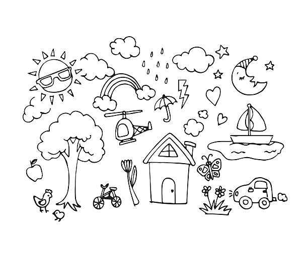 вектор руки drawn эскиз каракули в концепция baby возьмите - sun sky child balloon stock illustrations