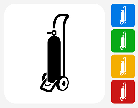 Oxygen Tank Icon. This 100% royalty free vector illustration features the main icon pictured in black inside a white square. The alternative color options in blue, green, yellow and red are on the right of the icon and are arranged in a vertical column.