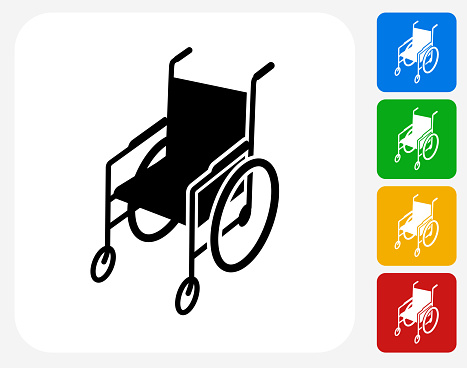 Wheelchair Icon. This 100% royalty free vector illustration features the main icon pictured in black inside a white square. The alternative color options in blue, green, yellow and red are on the right of the icon and are arranged in a vertical column.