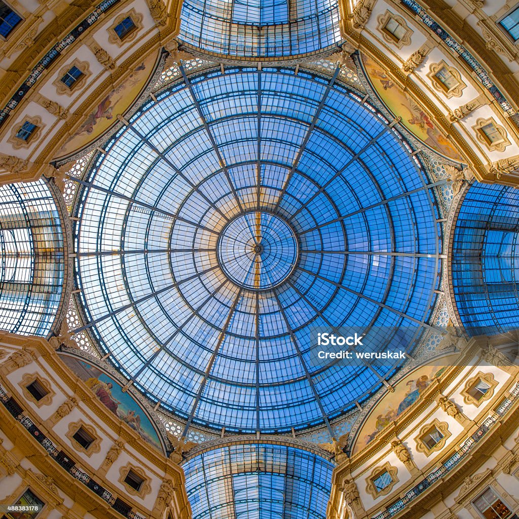 Dome in Galleria Vittorio Emanuele, Milan, Italy Dome in the center of Galleria Vittorio Emanuele II, Milan, Lombardy, Italy, southern Europe, shopping mall, travelling landmark, architecture detail Milan Stock Photo