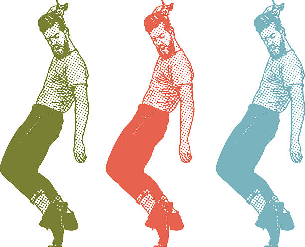 illustrazioni stock, clip art, cartoni animati e icone di tendenza di vintage anni'50 giovane uomo ballare e unendo i capelli - half tone illustrations