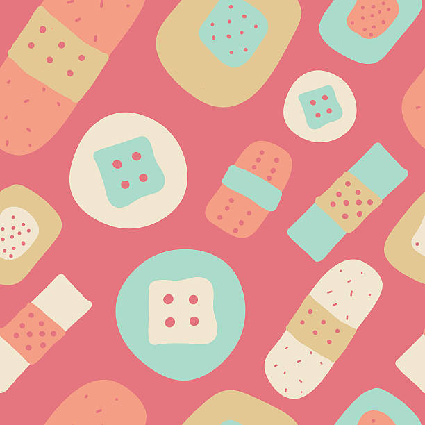Injury tape plaster flat. Seamless vector pattern. Injury tape plaster flat in childish cartoon style. Seamless vector pattern. cartoon of glue stick stock illustrations