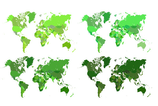 Detailed maps of the world in green color. Set of 4 maps with different shades to suit your design needs. VERY large image.