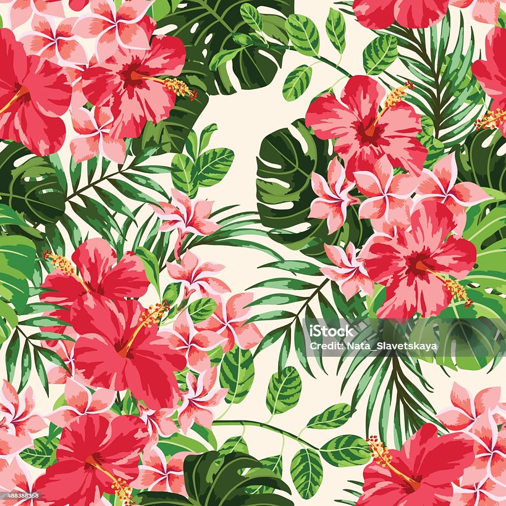 Seamless exotic pattern. Seamless exotic pattern with tropical leaves and flowers on a white background. Plumeria, hibiscus, monstera, palm. Vector illustration. Aloha - Single Word stock vector