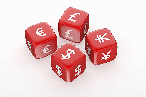 Four Red Dices with Currency Symbols stock photo
