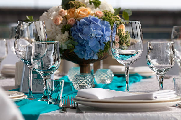 Table setting at a luxury wedding reception stock photo