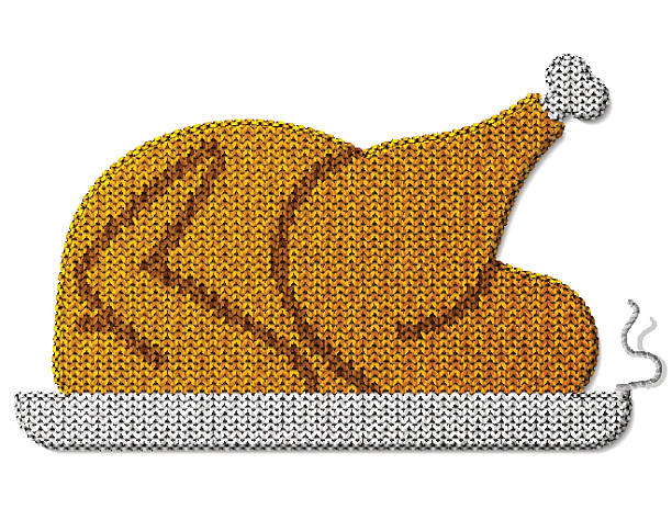 Roast turkey, chicken of knitted fabric isolated on white background Fragment of knitting in shape of christmas whole turkey. Qualitative vector illustration for christmas, new year's day, holiday meals (christmas, thanksgiving), winter holiday, decoration, silvester, etc. It has transparency, blending modes, gradients, blend thanksgiving holiday silhouettes stock illustrations