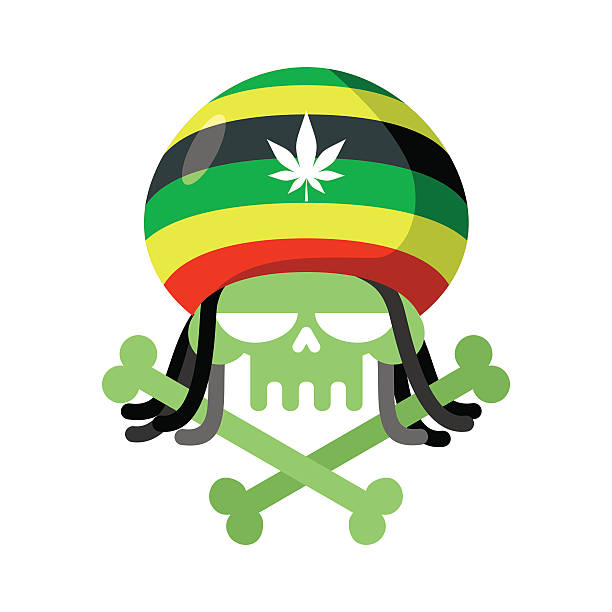 barwach rastafariańskich, czaszka z dredy i czapka rastafariańskiej. zielony szkielet głowy - ragga stock illustrations